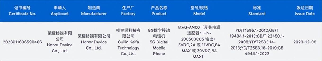 疑似荣耀90 GT通过认证，12月中档机市场可能再迎新玩家