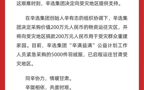 辛选集团捐款200万元人民币及200万元物资用于重建家园