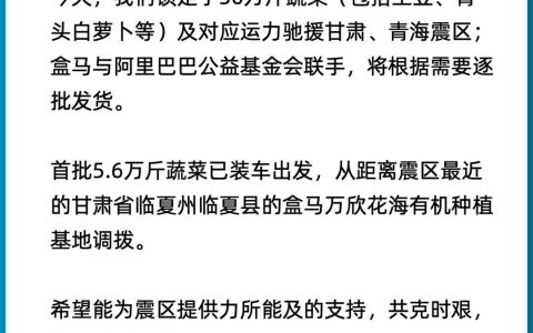 盒马宣布捐赠30万斤蔬菜及对应运力驰援震区
