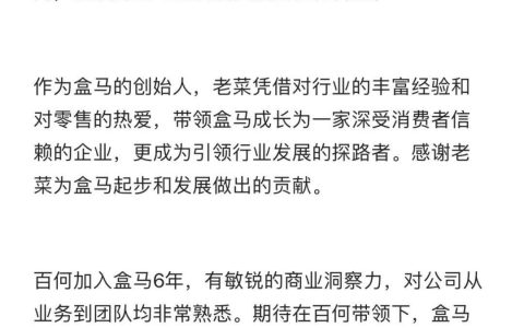 盒马创始人侯毅荣誉退休，CFO严筱磊兼任CEO