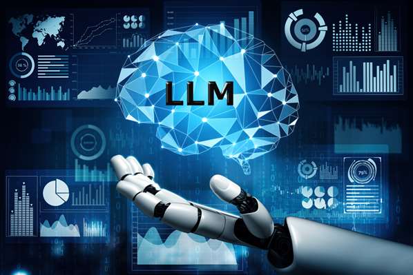 Large Language Model (LLM) and brain held by robotic hand